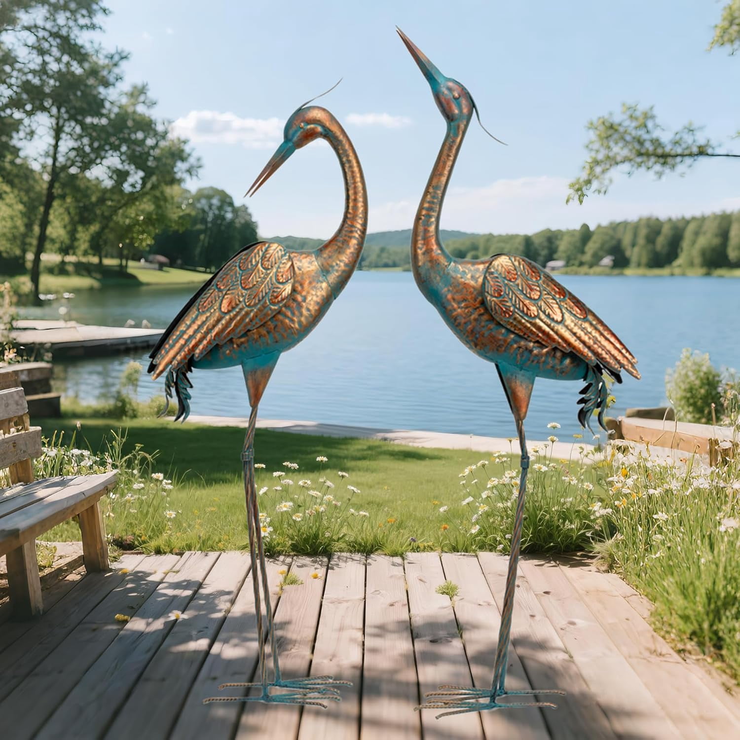 Garden Crane Statues Blue Heron Metal Yard Art Outdoor Decoration,Large Sculptures for Lawn Patio Porch,39-44 inch,Set of 2