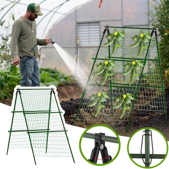 Garden Cucumber Trellis Support Frame Foldable Plastic Coated Steel Core A-Frame with Netting Clips Ties 17 Stake Set for Climbing Plants Peas Vines