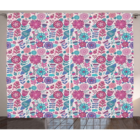 Ambesonne Garden Curtains 2 Panel Set, Doodle Peonies Tulips, 108" x 63", Violet Blue Sky Blue