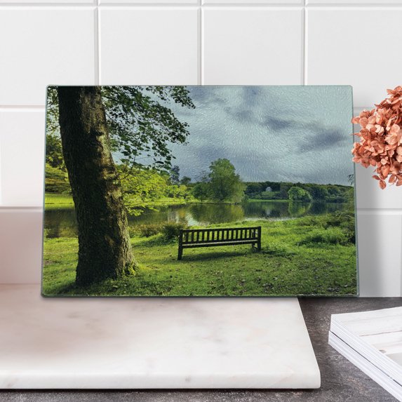 Garden Cutting Board, Bench Overlooking the Laket Stourhead Countryside Cloudy Day Landscape Print, Decorative Tempered Glass Cutting and Serving Board, Small Size, Green Grey, by Ambesonne