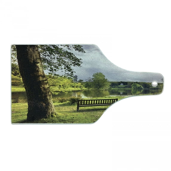Garden Cutting Board, Bench Overlooking the Laket Stourhead Countryside Cloudy Day Landscape Print, Decorative Tempered Glass Cutting and Serving Board, Wine Bottle Shape, Green Grey, by Ambesonne