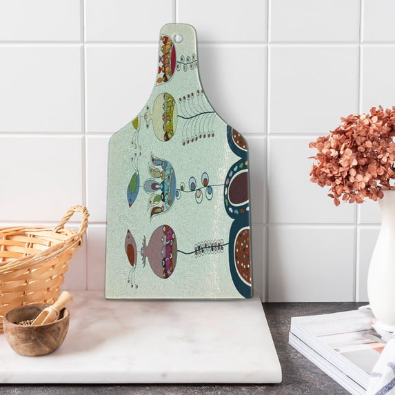 Garden Cutting Board, Cartooned Landscape with Flowers Birds and Abstract Forms Colorful, Decorative Tempered Glass Cutting and Serving Board, Wine Bottle Shape, Multicolor, by Ambesonne