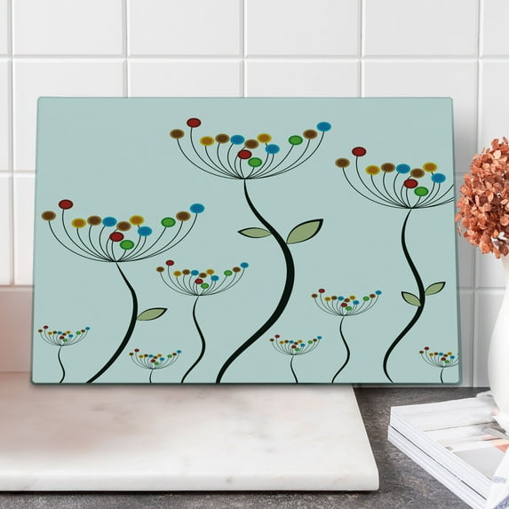 Garden Cutting Board, Colorful Dandelions Stems Buds Leaves Bedding Plants Wildlife Meadow Cottage Theme, Decorative Tempered Glass Cutting and Serving Board, Large Size, Multicolor, by Ambesonne