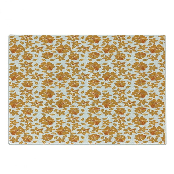 Garden Cutting Board, Flourishing Hibiscus Flowers in Retro Style Abstract Spring Field Meadow Print, Decorative Tempered Glass Cutting and Serving Board, Small Size, Orange White, by Ambesonne