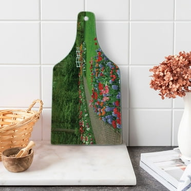 Garden Cutting Board, Spring Garden with Forest Hut Small Bridge Plants Flowerbedsnd Walkway, Decorative Tempered Glass Cutting and Serving Board, Wine Bottle Shape, Green and Purple, by Ambesonne