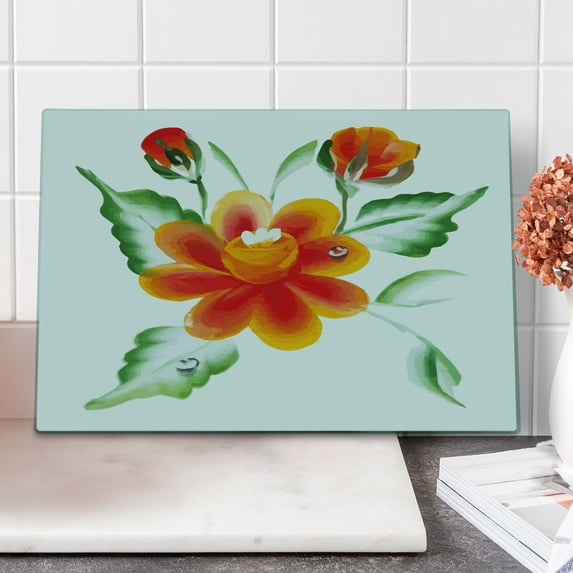 Garden Cutting Board, Watercolor Painting of Daffodils with Green Leaves Aquarelle Flora Bouquet, Decorative Tempered Glass Cutting and Serving Board, Large Size, Orange Green, by Ambesonne