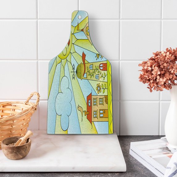Garden Cutting Board, like Drawing of City Under Smiling Sun Cartoon Houses Garden Cloud, Decorative Tempered Glass Cutting and Serving Board, Wine Bottle Shape, Multicolor, by Ambesonne