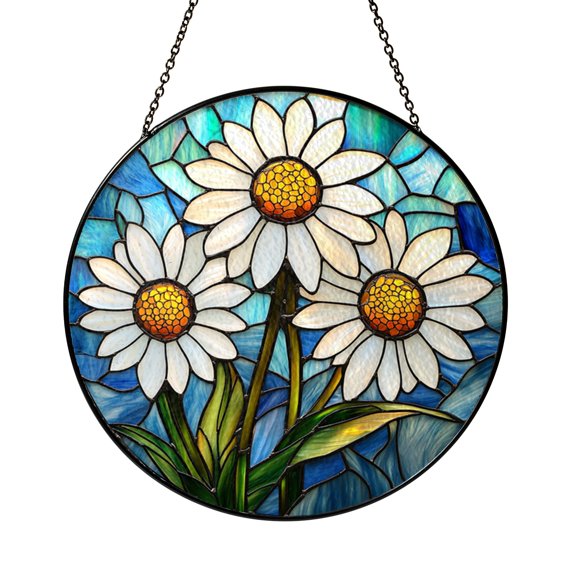 Garden Daisy Bloom Glass Panel, Decorative Stained Glass Style Art