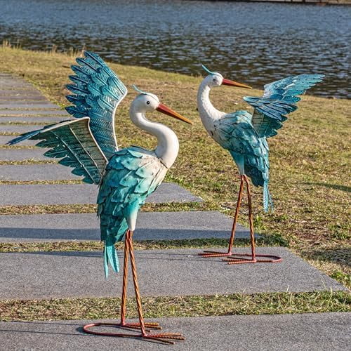 Garden Decor Blue Heron, Large Standing Metal Crane Garden Statue, Yard Art Lawn Ornaments for Yard Patio Porch Outside Decorations$$Garden & Patio