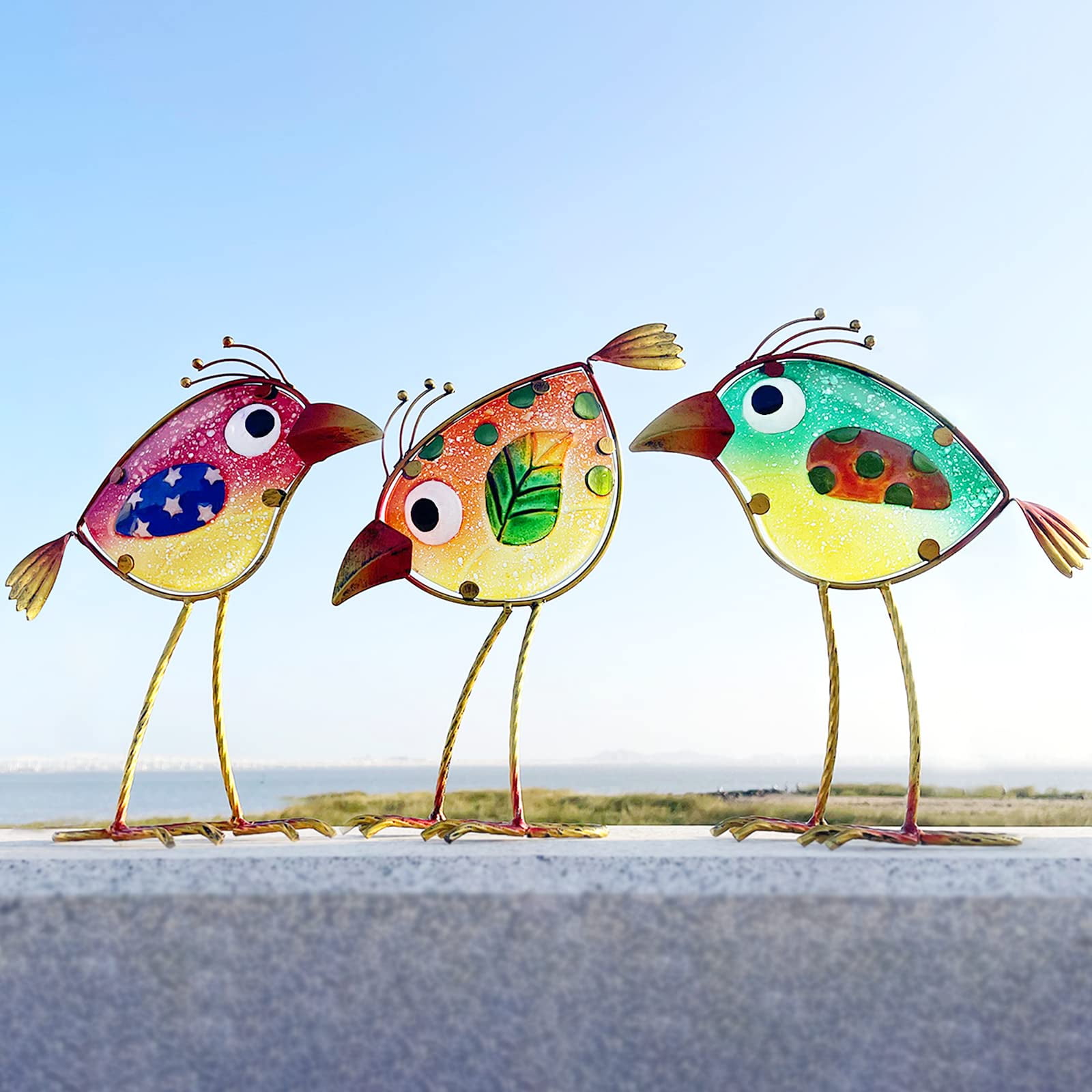 Garden Decor For Outside Funny Metal & Glass Bird Indoor Outdoor Set Of 3 Yard Art Statues Decorations Colorful And Patriotic