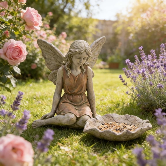 Garden Decor, Garden Statue with Leaf Bird Feeder, Outdoor Fairy Statue Sculpture, Resin Outdoor Statues Bird Feeders for Outside Patio Yard, Gift for Women