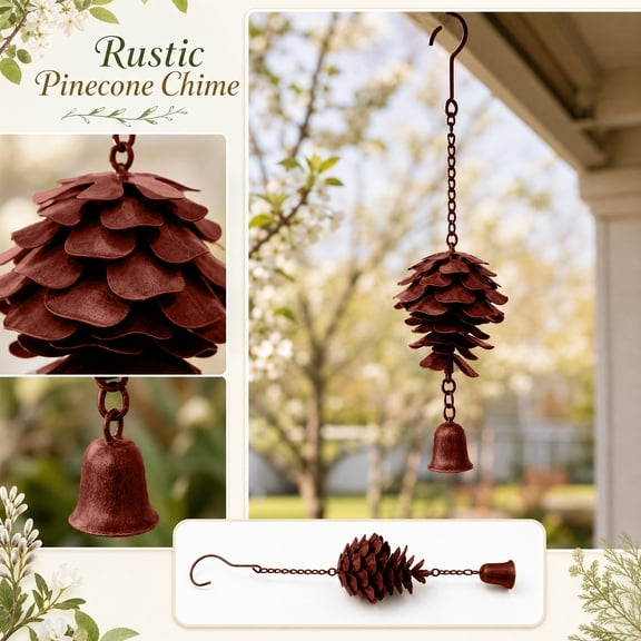 Garden Decor Outdoor, Metal Yard Decor, Fall Decor for Porch, Outdoor Garden Decor, 11X2 Inch Easter Pinecone Wind Chime, Rich Rust Finish Pinecone Bell Hanging Accent Perfect for