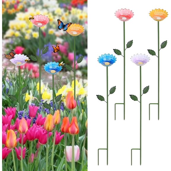 Garden Decor for Outside, 4 Pcs 25.8" Metal Bee Watering Station, Flower Design with Stakes, Butterfly Feeder Bird Bath for Outside Yard Patio Lawn (Blue, Yellow, Pink, White)