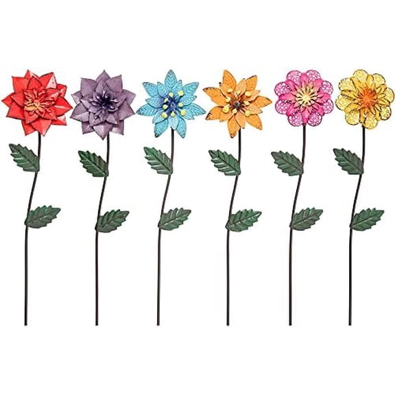 Garden Decor for Outside, 6 Pack Flower Garden Stakes Outdoor Decor Metal Shaking Head Yard Art, Weather Proof Flower Stakes for Yard Porch Lawn Pathway Pot Decorations(Multi-Color)