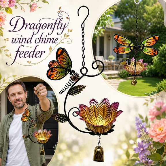 Garden Decor for Outside, Outdoor Garden Decor, Bird Decor, Butterfly Decor, Yard Decorations Outdoor, 19X6X4 Inch 1Pc Hanging Dragonfly-Inspired Bird Feeder with Wind Chime Bell,