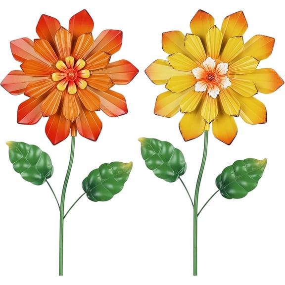 Garden Decor for Outside, Set of 2 Metal Flowers 23.6” Decorative Garden Stakes for Spring Decor, Yard Art Flower Stakes for Outdoor Lawn Backyard Porch Garden Decorations (Orange, Yellow)