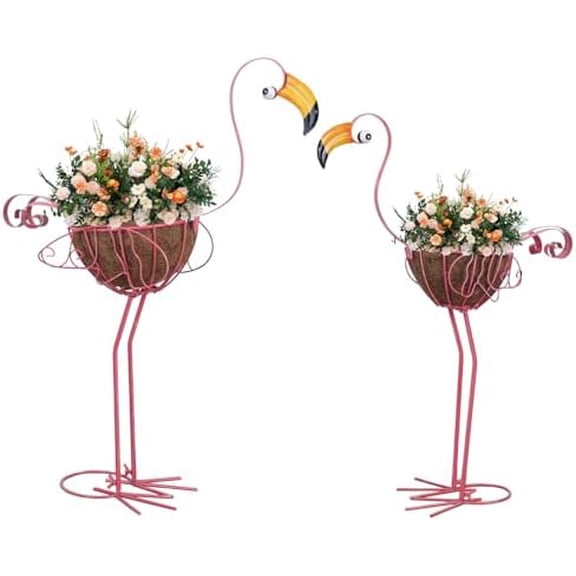 Garden Decor for Outside, Set of 2 Pink Flamingo Planters with Basket, Metal Standing Flamingo Plant Pots Yard Art for Home Indoor Outdoor Garden Porch Lawn Patio Pool$$Garden & Patio