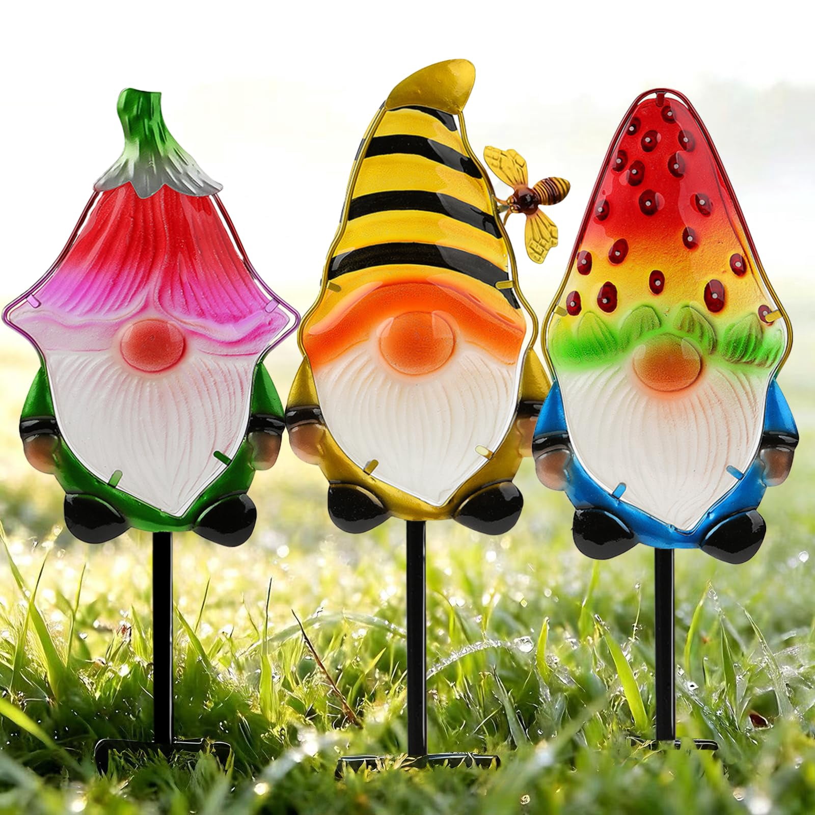 Garden Decor Stakes Set Of 3  Metal & Glass 18.3" Outdoor Stake For Backyard Lawn Funny Yard Art Decorations Mom Grandma Women Mother's Day
