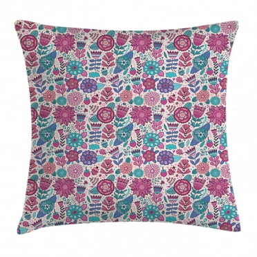 Garden Decor Throw Pillow Cushion Cover, Doodle Peonies Tulips Berries Bugs Botanic Artistic Display, Decorative Square Accent Pillow Case, 20 X 20 Inches, Sky Blue Magenta Violet Blue, by Ambesonne