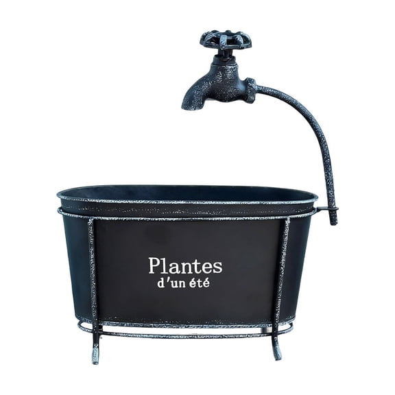 Garden Decor Vintage Iron Faucet Planter Wall Mount, Rustic Outdoor Water Spigot Flower Pot for Patio, Yard, and Farmhouse Style Landscape Decoration, Distressed Green Tall Stand Planter