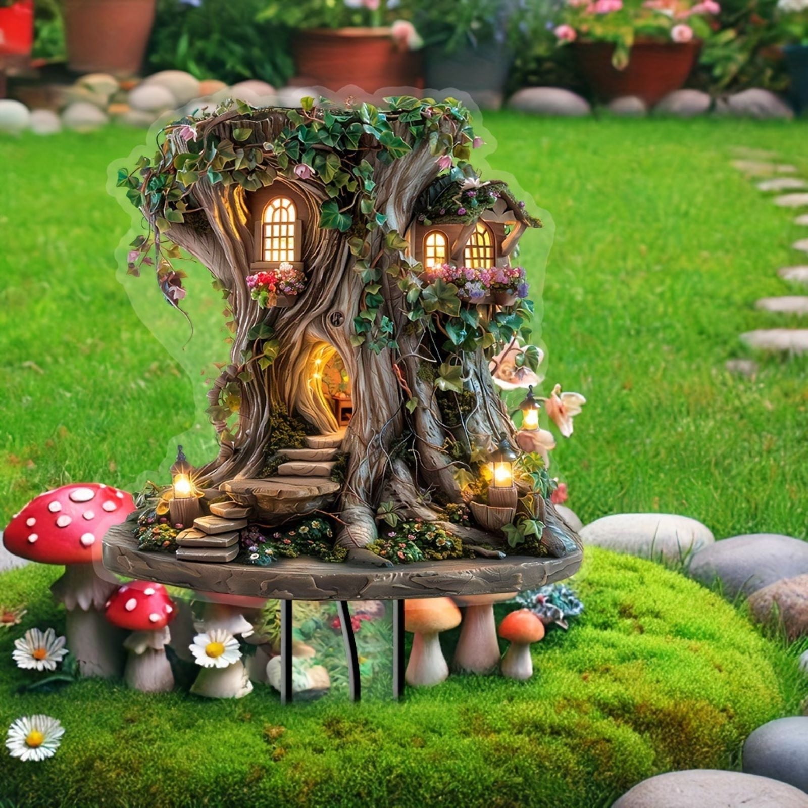 Garden Decoration Ancient Tree Log Cabin Hanging Decoration Sign Garden Indoor and Outdoor Acrylic Decoration Wearable Ground Plug Ornament Props Outdoor Decoration