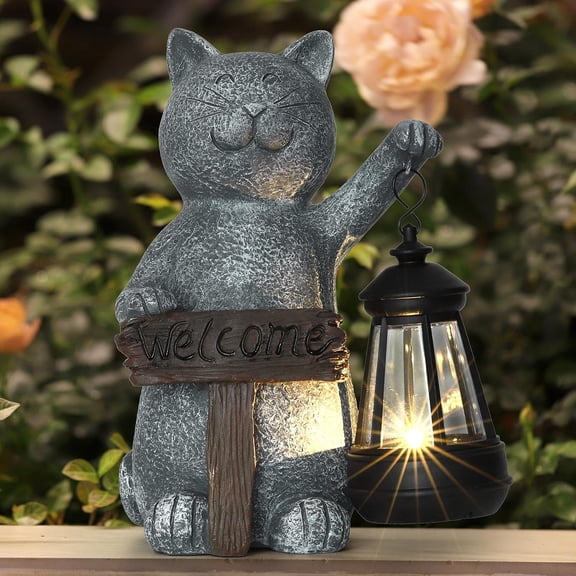 Garden Decoration Solar Powered Welcome cat Statue: Mothers Day Birthday Gifts for Mom Grandma Women Sister Wife Lady Lover - Balcony Garden Patio Lawn Porch Welcome Cat Decoration