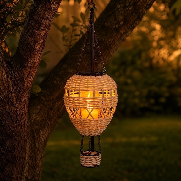 Garden Decorations Outdoor, Hot Air Balloon Decor, Solar Hanging Lantern, Outdoor Solar Decor, 19X6 Inch Woven Rattan Flickering Flaming Hanging Lantern for Tree, Courtyard, Lawn,
