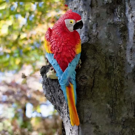 Garden Decorations Outdoor, Patio Decorations Outdoor, Resin Parrot Sculpture, 14inTree Mount, Backyard Decor, Red Blue Yellow Detailing, 1 Pc