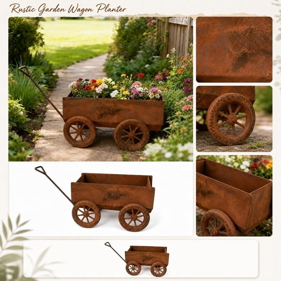 Garden Decorations Outdoor, Rustic Outdoor Decor, Metal Garden Decor, Outdoor Planter, 13X5 in Rusted Metal Wagon Cart Flower Pot with Decorative Spoked Wheels for Patio Porch