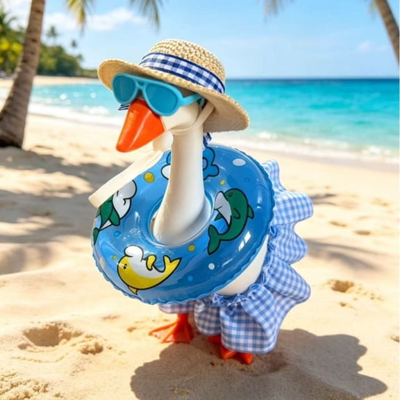 Garden Decorations Outdoor, Summer Inflatables Outdoor Decorations, Cute Garden Decor, Outdoor Decor for Yard, 7-Inch Blue Beach Vacation Themed 4-Piece Porch Goose with Straw Sun