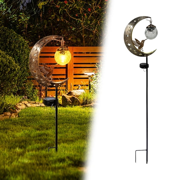 Garden Decorations Solar Light,Moon & Hummingbird Garden Stake Light,LED Amber Crackle Glass Orb,Rustic Metal Cutout Decorative Landscape Lamp for Lawn Pathway Flower Bed Patio Backyard Ornament Gift