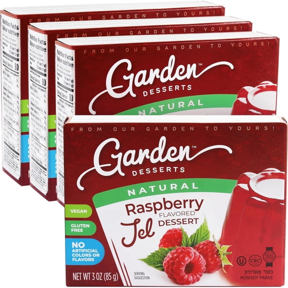 Garden Desserts Raspberry Jel Dessert Mix, Vegan Gelatin Free Jelly Powder, Gluten Free, Kosher, No Artificial Colors, 4 Pack 3 oz Boxes