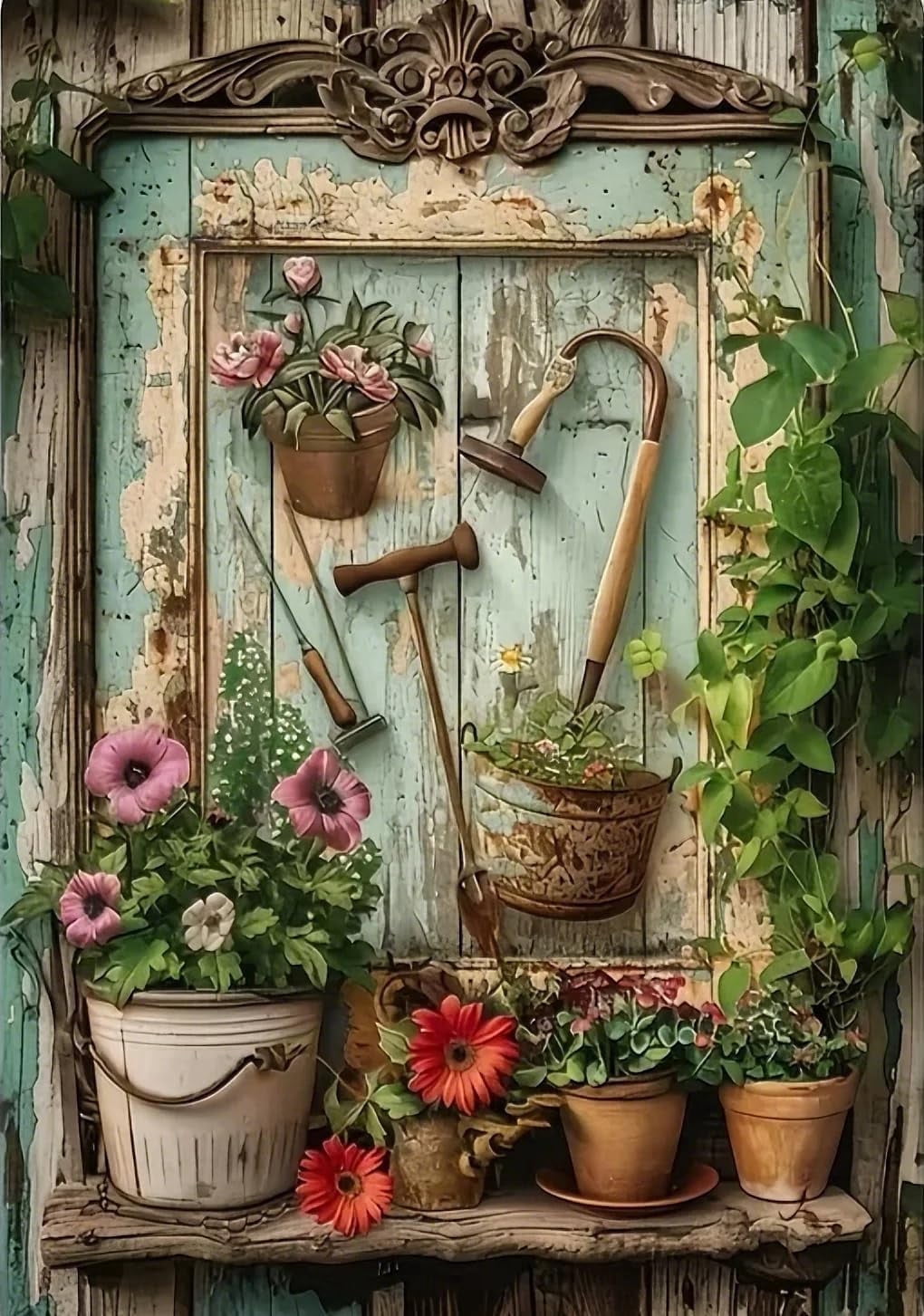 Garden Diamond Art Kits for Adults, Vintage Pot Plant Diamond Painting Kits for Beginners, DIY 5D Full Drill Round Crystal Diamond Dots Gem Art Craft Home Decor 12x16 Inch