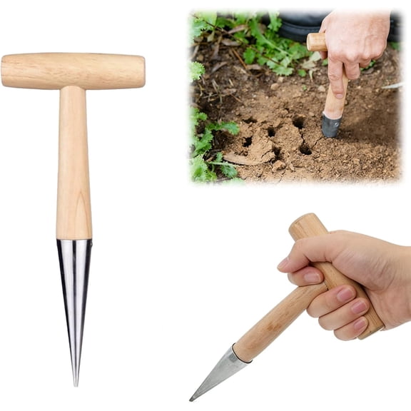 Garden Dibber Seed Planter & Bulb Planting Hole Digger, Bulb Planter Tool Handheld Seed Dispenser with Depth Mark, Stainless Steel Head & Wooden Handle for Daffodil Saffron Vegetable Seeds (1PCS)