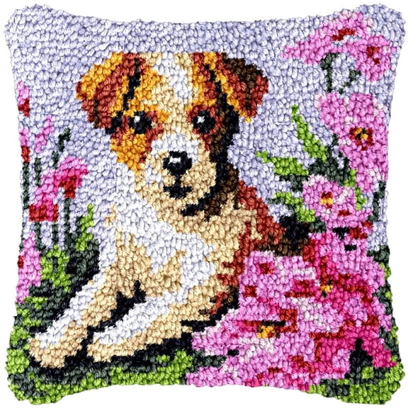 Garden Dog Latch Hook Kits Pillow DIY Rug Cushion Making Kits with preprinted Pattern Canvas Instruction Yarns and Latch Hooking Pillow Cover Easy to Start DIY Home Decor Kits 43x43cm