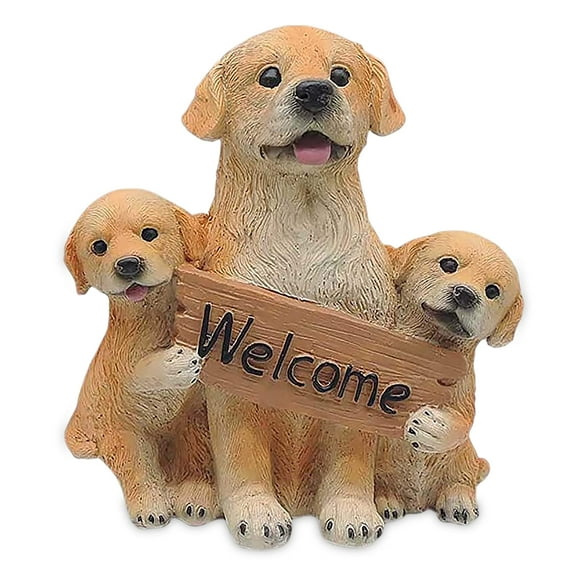 DurableDelights Outdoor Lawn Welcome Statue Golden Retriever Figurine with Three Puppies Polyresin 5.95 Inch