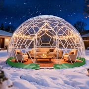 Garden Dome 12 7.2FT, 360  View Geodesic Dome Greenhouse with Clear PVC Cover, Waterproof Bubble Tent House with 2 10M Light Strings for Outdoor Use, Green