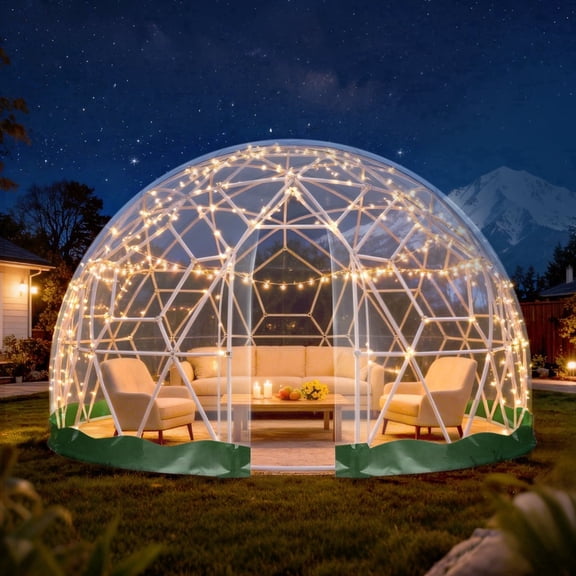 Garden Dome 9.5×5.7FT, 360° View Greenhouse, Clear PVC Cover, Waterproof, 2×10M Light Strings, ABS Frame, Outdoor Use, Green.