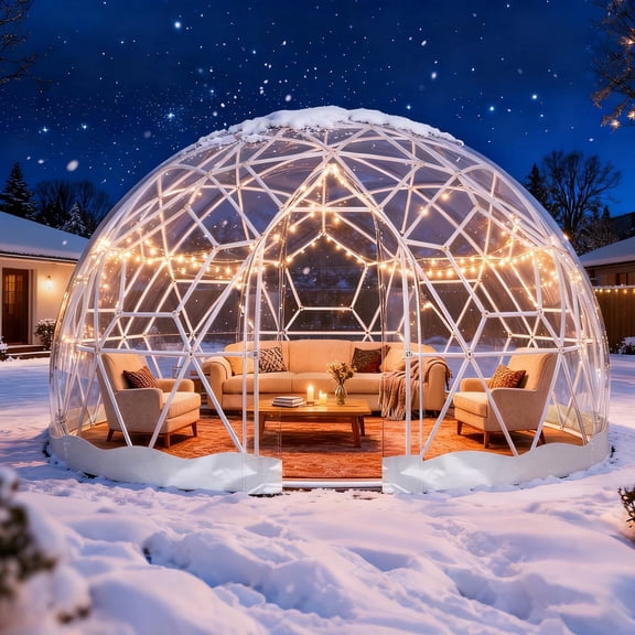 Garden Dome 9.5×5.7FT, 360° View Geodesic Dome Greenhouse with Clear PVC Cover, Waterproof Bubble Tent House with 2×10M Light Strings for Outdoor Use, White