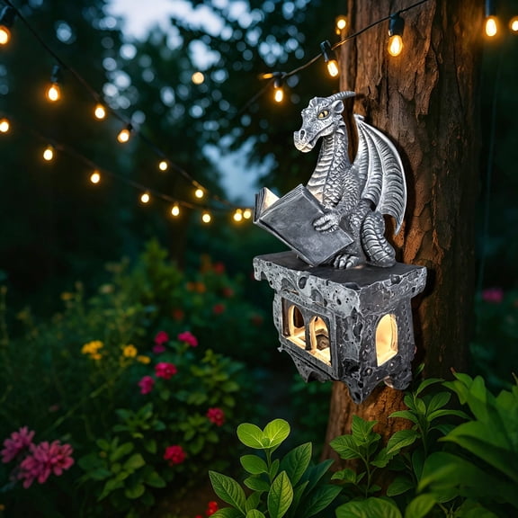 Garden Dragon Statue Solar Powered Outdoor Figurine Wall Hanging Decor Resin Sculpture Home Decoration Porch Patio Lawn Farm Yard Housewarming Ornament Gift