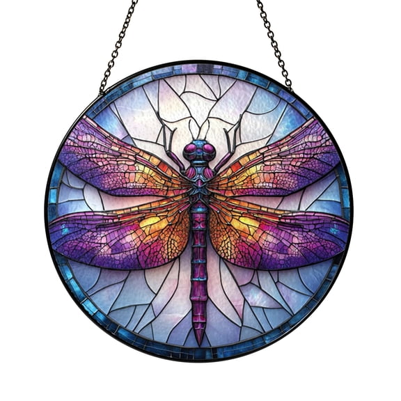 Garden Dragonfly Faux Stained Glass Round Window Decor2101