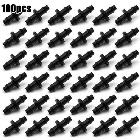 Garden Drip Irrigation Barb Fittings 100-Pack 1/4 Inch Tubing Connectors for Drip Line Soaker Hose Two Way Three Way Layout High Strength Plastic Black Barbed Coupling Fittings with Large Inside