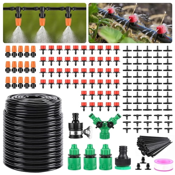 Garden Drip Irrigation Kit,164FT Greenhouse Micro Automatic System Kit with 1/4 inch Blank Distribution Tubing Hose Adjustable Patio Misting Nozzle Emitters Sprinkler