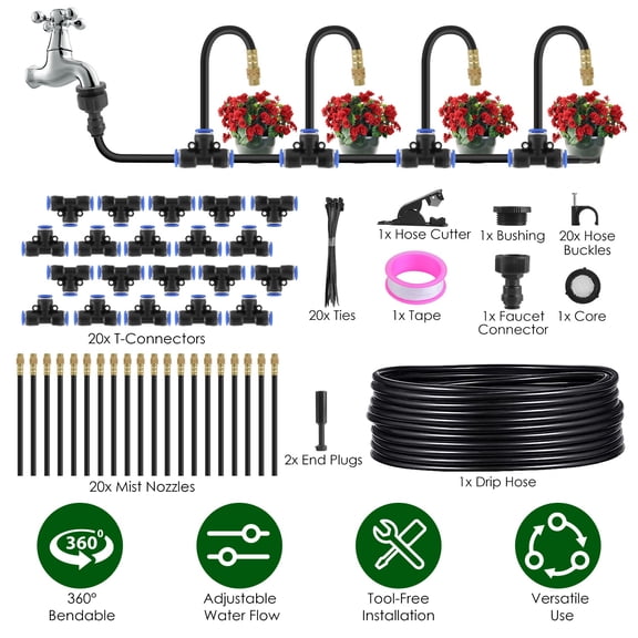 Garden Drip Irrigation Kit with 360 Bendable Misting Nozzles Automatic Garden Automatic Watering System for Garden Lawn Greenhouse Flower Bed Greenhouse Patio Lawn Cooling