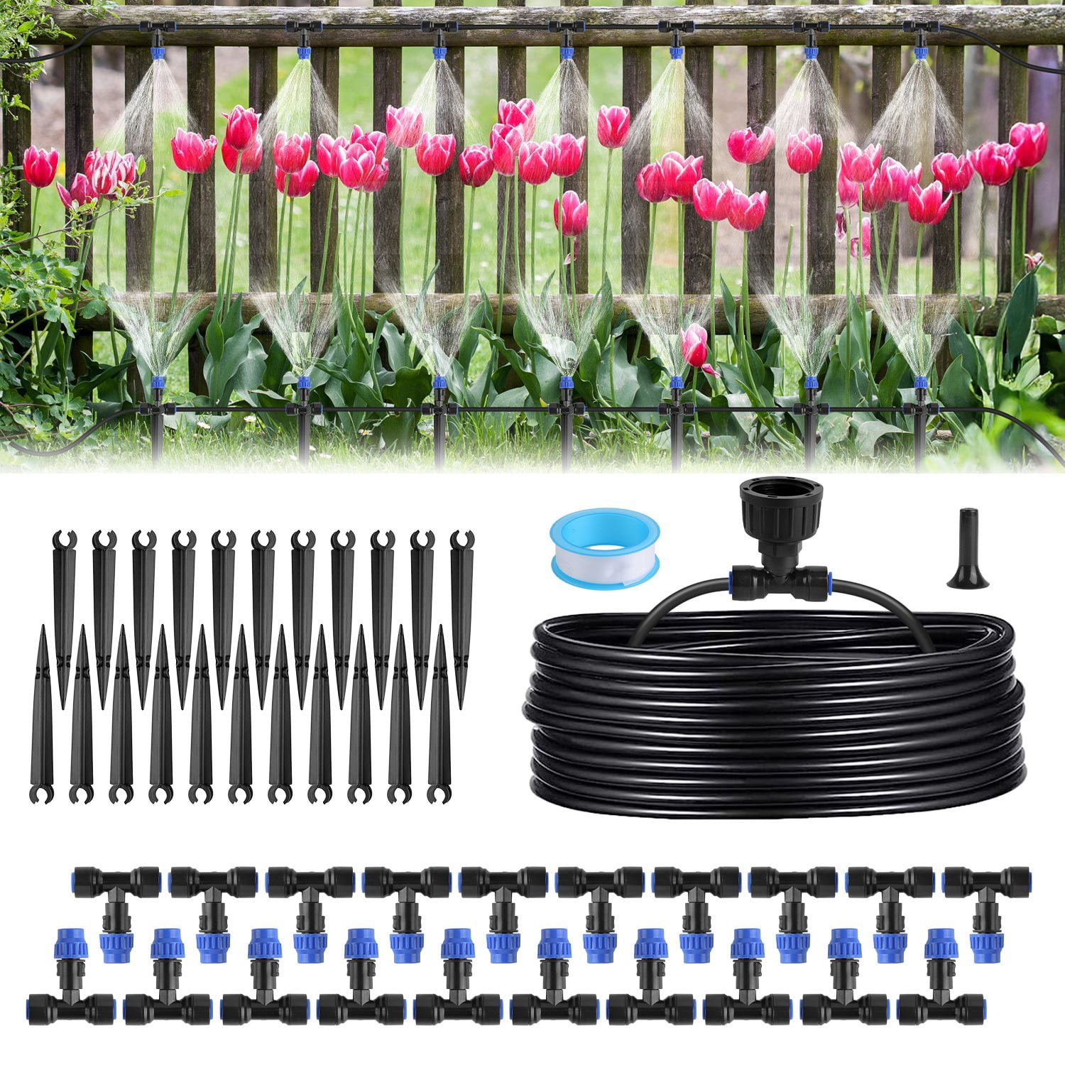 Garden Drip Irrigation System Kit, Drip Irrigation Kit, 75FT Garden Watering System with Adjustable Misting Nozzles for Garden Greenhouse Lawn Patio Flower Bed