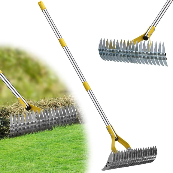 Garden : Dual Function Thatching Rake for Lawn Dead Grass Leaves, Stainless Steel Heavy Duty 69 Lawn Dethatcher with Sharp 19 Tines, Fast Weeds, Leaf, Thatch, Dead Grass Removal Garden Tool