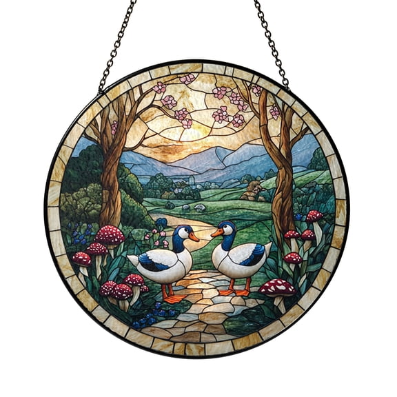 Garden Duck Scene Stained Glass Suncatcher Window Decor, Spring Floral Art Hanging Panel, Decorative Glass Ornament Accent