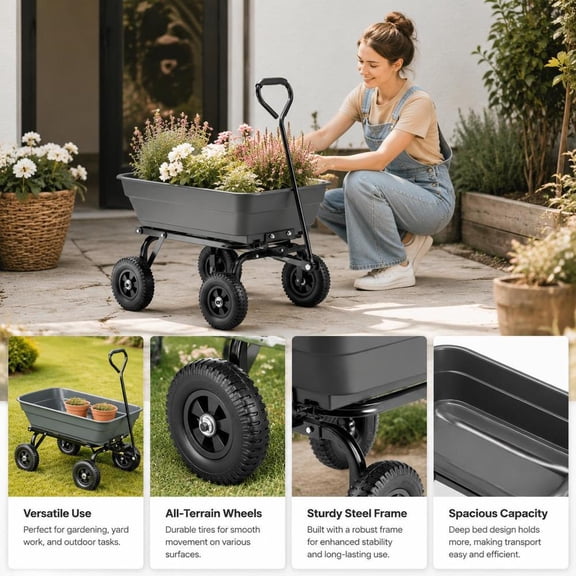 Garden Dump Cart, 400 Lbs Capacity, Poly Construction, 90 Deg Quick-Dump Function, 180 Deg Swivel Wheels