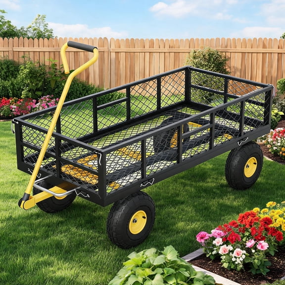 Garden Dump Cart with Removable Sidewalls, 900 LBS Heavy Duty Steel Dump Wagon with 180° Swivel Handle & 10-inch Tires, for Backyard Farm