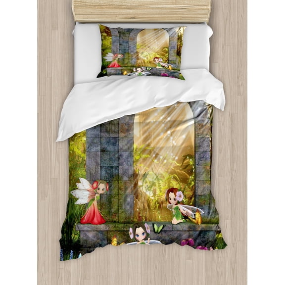 Garden Duvet Cover Set, Fairies Playing in the Ruins with Flowers Blossom Butterflies Fantasy Scene, Decorative 2 Piece Bedding Set with 1 Pillow Shams, Twin Size, Charcoal Green Red, by Ambesonne